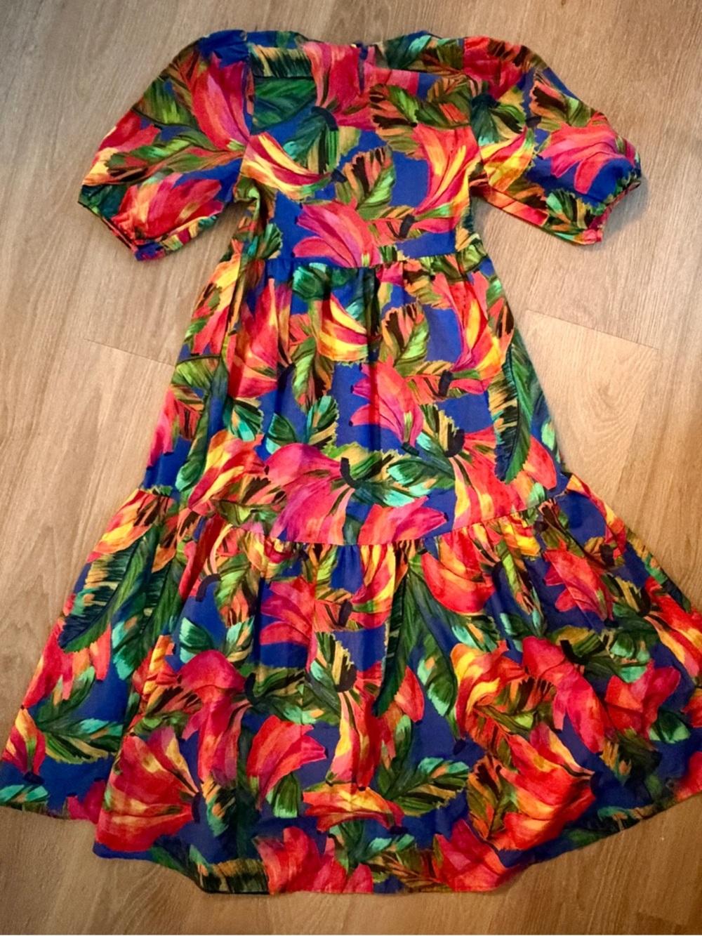 NWT Farm Rio Banana Mix Tropical Print Puff Sleeve Midi Dress - Blue Multi - Picture 11 of 11